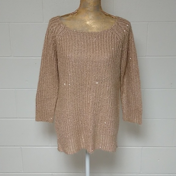 CATO LOOSE KNIT, SMALL SEQUIN ACCENTS, BOAT NECK, 3/4 SLEEVE SWEATER TUNIC - Picture 1 of 6